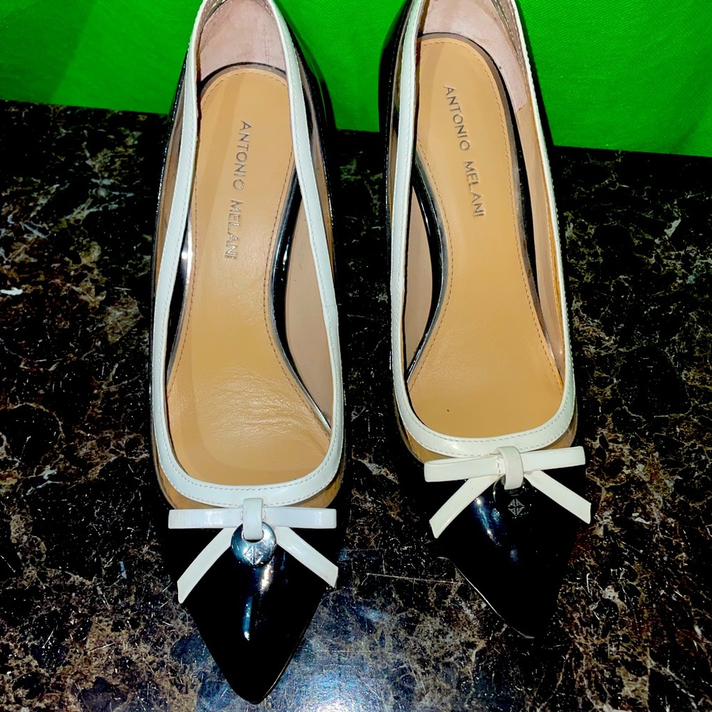 Antonio Melani Black Stiletto Heel Pumps Shoe with Bow Pointed Toe Women's 10M